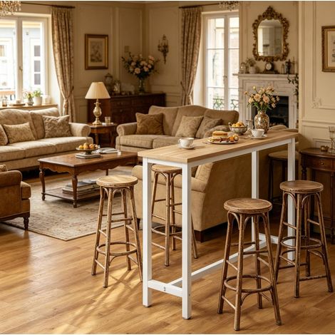 Table haute bar 140 x 40 cm MDF métal blanc chêne HAVRYA (1/4)