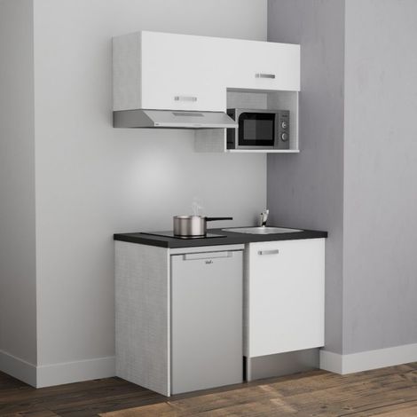 Kitchenette K02L-PT - 120 cm avec plan de travail et évier - emplacements frigo, hotte et micro-ondes - Façade Blanc - Plan Noir texturé - Evier Inox - Crédences Non