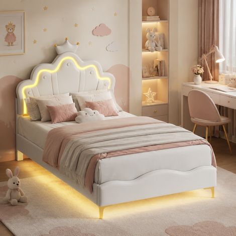 Lit enfant 90×190cm, lit capitonné avec lumière LED, lit princesse avec tête de lit réglable, lit fille avec couronne, cadre à lattes, lit ados, lit simple, Similicuir PU, Beige