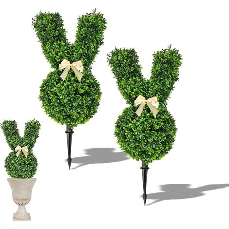 Árboles topiarios artificiales de conejitos de Pascua con estacas para el suelo – Estacas artificiales de boj de 55 cm (2 unidades) (1/5)