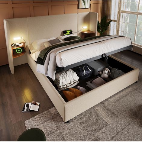 Bett mit Stauraum 160x200 cm, gepolstert, Kopfteil mit Regal, Leselampe USB/Type-C, Leinen Beige (1/5)