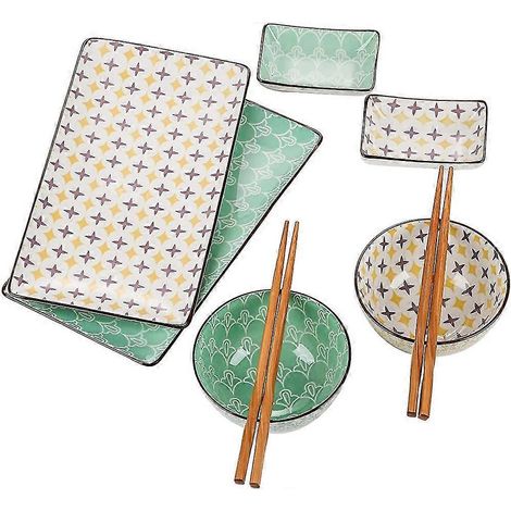 Service à sushis en porcelaine pour 2 personnes. Style japonais, céramique noire et blanche, 6 pièces. (1/5)