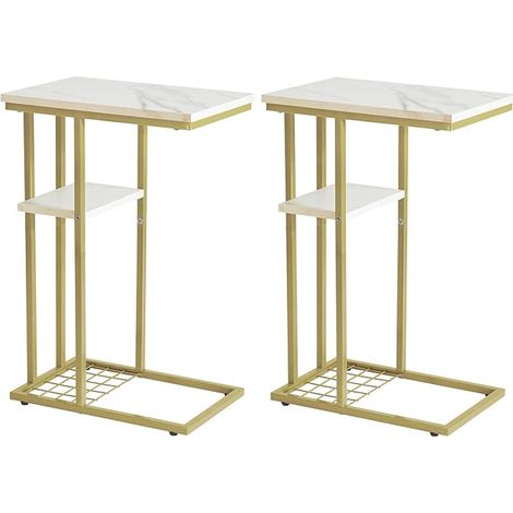 YMYNY Side Table Set of 2 Sofa End Coffee Table C Shape 2 Tier Coffee Table Small Metal Frame Table for Living Room Bedroom Office White and Gold Marble HST004W-2 (1/5)