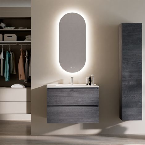 Feel Your Bath, Mueble De Baño PANTER Color Gris Antracita 80 cm, 2 Cajones, Encimera Cerámica Integrada Y Espejo Ovalado LED Antivaho (1/5)