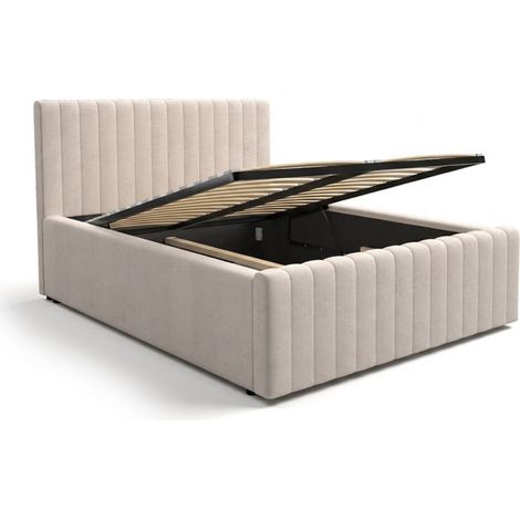 Letto contenitore ELORIA 140x200 in tessuto bouclé beige con testiera capitonné e rete inclusa (1/5)