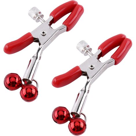 1 paire de pinces à mamelons rouges pour homme et femme, avec grelots, accessoire coquin de teasing et flirt, jeu BDSM. (1/5)