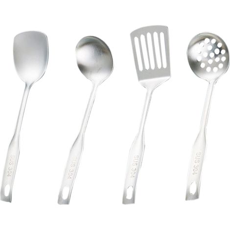 Spatule et louche pour wok, écumoire, spatule ajourée - Ensemble d'ustensiles de cuisine en acier inoxydable 304, 4 pièces, accessoires pour wok (1/5)