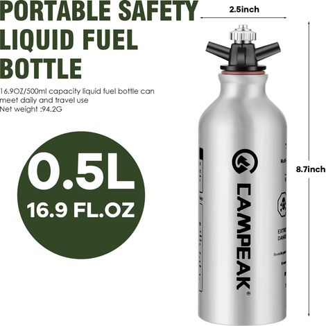 Bouteille de combustible liquide portable en aluminium pour essence, kérosène, alcool, bidon de rechange 0,5 L/1 L pour réchauds de cuisine portables (1/5)