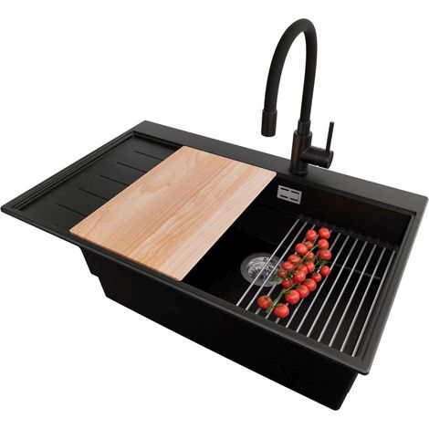 PRIMAGRAN Evier Cuisine en Granit 78x50cm,Lavabo 1 bac + Robinet 40x38cm + Kit de Vidage + Accessoires, Évier à Encastrer au meuble 60cm - Sydney, Noir (1/5)