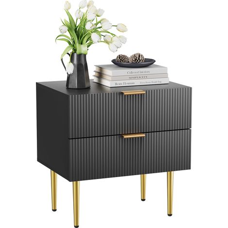 Table de chevet noire avec motif ondulé et 2 tiroirs, style moderne avec pieds en métal, 1 pièce (1/5)