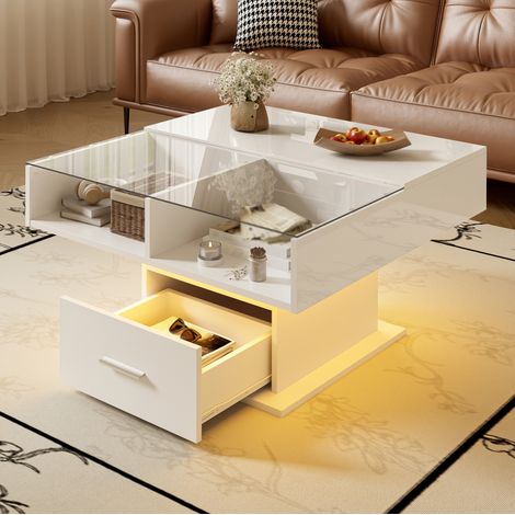 Höhenverstellbarer LED-Couchtisch, 78 x 78 cm, mit Stauraum, weiß HAVRYA (1/5)