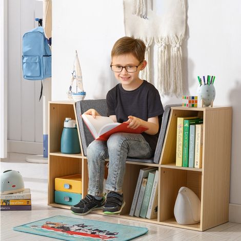 Bibliothèque enfant avec tabouret, banc enfant à 6 compartiments, coffre de rangement avec 3 coussins, coffre à jouets, à partir de 3 ans, gris et naturel, 103 x 30 x 62 cm (1/5)