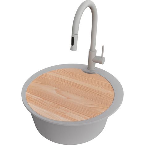 PRIMAGRAN Evier cuisine Granit Rond 53x53cm,Evier 1 bac + Robinet 40x20cm + Kit de Vidage + Planche à Découper, Lavabo Cuisine au meuble 50cm - Pise Max, Gris (1/5)