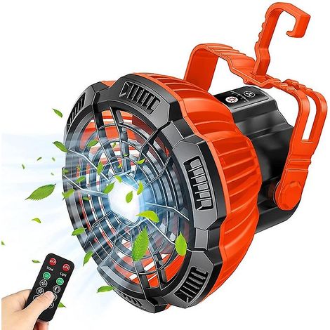 Ventilateur de camping pour tentes, ventilateur portable rechargeable Ezire 7800 mAh avec lumière et batterie externe pour les voyages. (1/5)