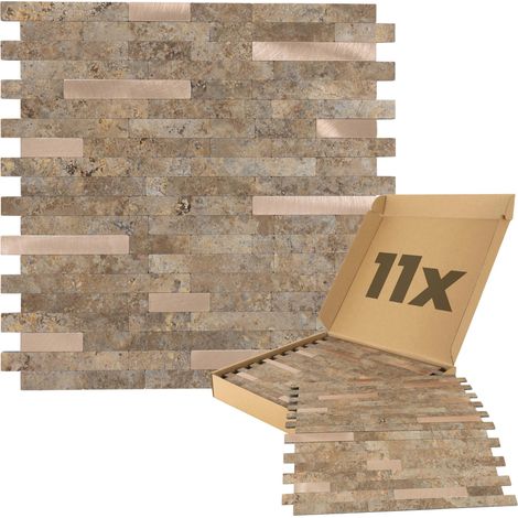 Panneaux muraux autocollants aspect pierre 1m², 11 pièces Revêtement mural résistant à l'humidité, qualité supérieure pour la salle de bain et la cuisine, bandes fines - Beige Or (1/5)