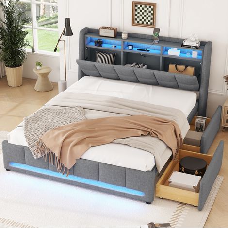 Letto imbottito 140x200 cm grigio in lino con LED APP, USB e 2 cassetti (1/5)