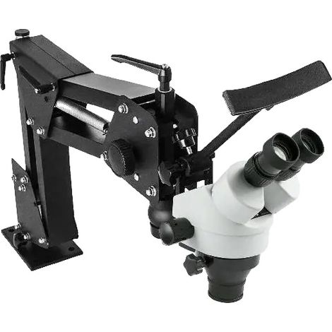 Microscopio para joyería, zoom continuo de 0,7X a 4,5X, distancia de trabajo de 95 a 300 mm, campo de visión de 5,1 a 33 mm, lente objetivo de 0,5X, diseño ergonómico. (1/5)