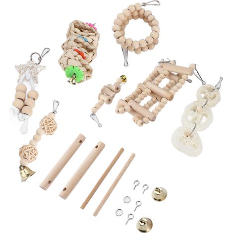 8 Pièces Jouets pour Perroquets en Bois Balançoire Jouet à Mâcher Cage Oiseaux Nid Jouets Suspendus Échelles Spirales Perchoirs Verticaux