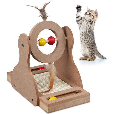 Relaxdays Tiragraffi per Gatti con Palline, Gioco Interattivo, MDF e Sisal, Ruota Giocattolo con Piume, Cat Toy, Marrone