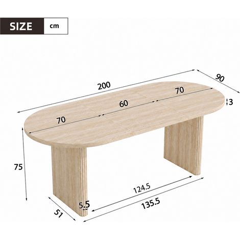 Table de salle à manger extensible 140/200 x 90 cm, idéale pour 6 à 8 personnes, avec angles arrondis et plateau épais. Style épuré, aspect travertin. (1/5)
