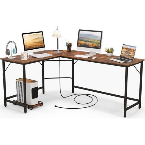 Scrivania angolare L con presa corrente supporto CPU telaio metallo 168cm Marrone (1/4)