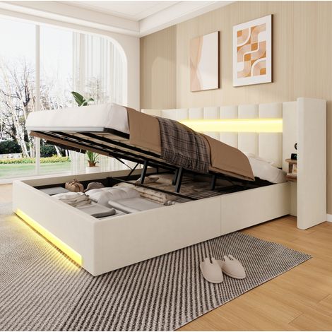Cama con almacenamiento 180x200 cm beige en terciopelo con LED, USB y elevación hidráulica (1/5)