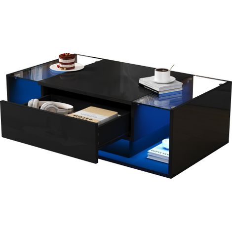 Table d’appoint noir 100cm, rangement tiroir et bande LED pour salon