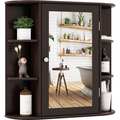 Meuble miroir de salle de bain mural avec étagères de rangement - marron (1/5)