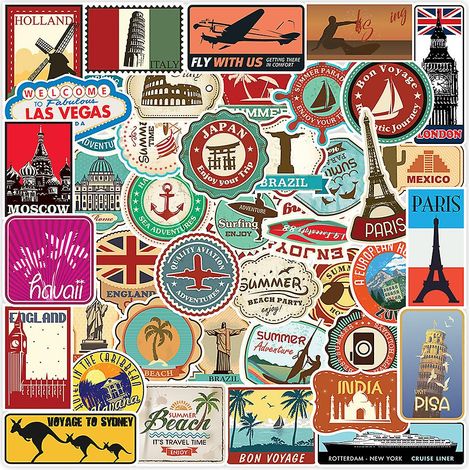100 autocollants pour valise d'ordinateur, autocollants de voyage, pays, villes, plage, nombreux et différents, autocollants colorés pour décorer des albums photo ou à coller sur (1/5)