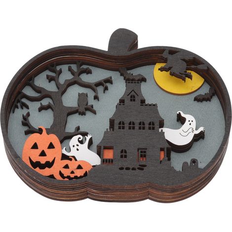 Décoration d'Halloween : Petite citrouille lumineuse en bois, adorable ornement de bureau pour la maison (1/5)