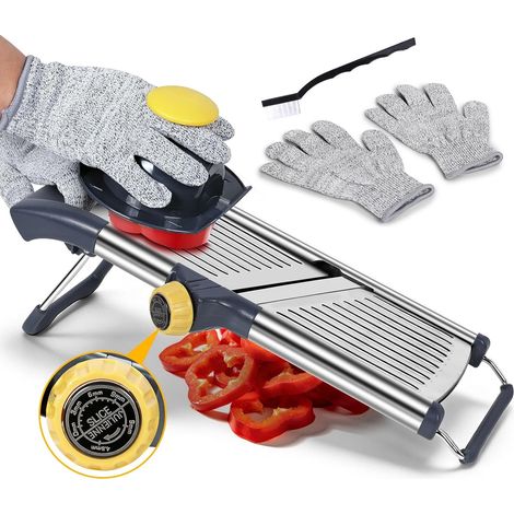 Mandoline de Cuisine Inox, Trancheuse Réglable 1-9mm avec Gants  Bouton rotatif (tranches 1-9mm, julienne 4.5/9mm), gants anti-coupure, protège-main, base antidérapante et brosse. (1/5)