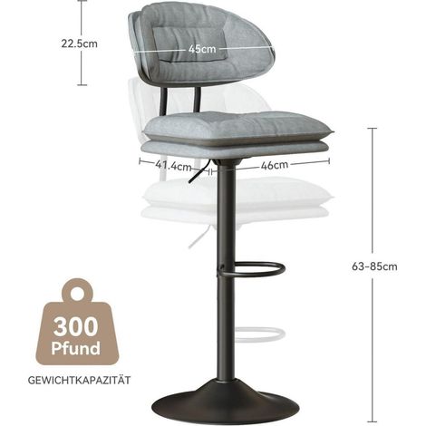 Barhocker 2er Set, ergonomisch gepolstert mit Rückenlehne, höhenverstellbar, Hellgrau (1/5)