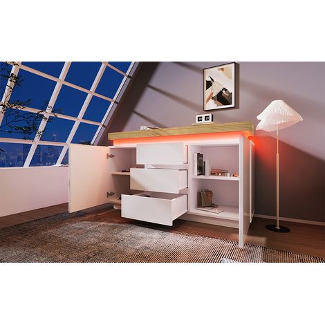 High-Gloss 2-Door Sideboard with 3 Drawers&RGB LED for Living Room/Bedroom,81x140x39 cm,White
