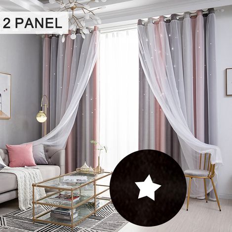 Rideaux à étoiles occultants pour chambre d'enfant, chambre de fille, salon, rideaux à étoiles colorés à double couche, 2 panneaux (53''L x 63''H, gris)
