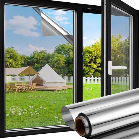 Lámina de privacidad para ventanas de 40 x 500 cm, color plata, efecto espejo unidireccional, adhesivo ligero, protección contra el calor y el sol, protección UV, bloqueo de la luz natural, visión cla (1/5)