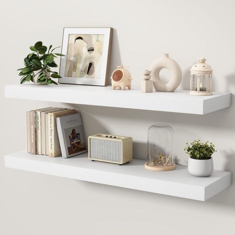 Lot de 2 étagères murales flottantes 100 cm - Support invisible - Planche murale en bois MDF - Etagère de rangement supplémentaire pour cuisine, salle de bain, salon et chambre à coucher (1/5)