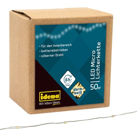 Idena 31825 - Micro catena luminosa a LED con 50 LED in bianco caldo, con funzione timer 6 ore, a batteria, lunga circa 5,2 m, per feste, Natale, decorazione, matrimonio, come luce d'atmosfera (1/4)