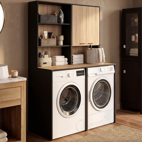Mueble para 2 lavadoras WALLIS con armario y estantes en negro y madera con acabado de haya (1/5)