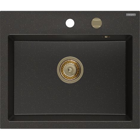 Mexen Oscar lavello in granito a 1 vasca 580 x 490 mm, nero/oro metallizzato, sifone dorato - 6519581000-75-G (1/5)