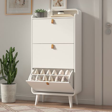 Meuble à chaussures 63x29,5x133,7 cm,avec 3 tiroirs rabattables, 2 poignées, compartiment supérieur, incliné, idéal pour les entrées et les salons - Blanc (1/5)