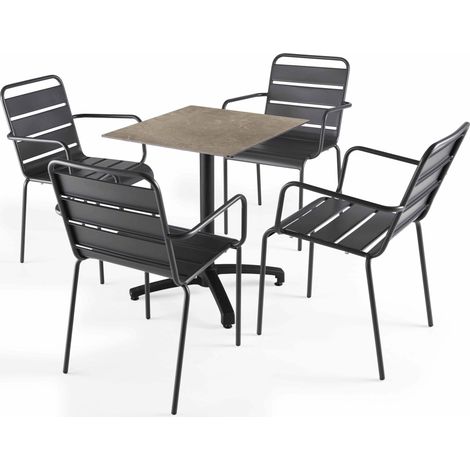 Ensemble table terrasse stratifié marbre beige et 4 fauteuils gris (1/5)