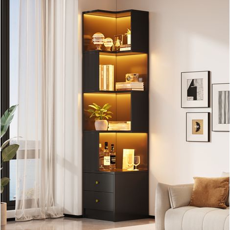 Libreria angolare a L 45 x 43,5 x 180 cm, MDF, nera, con LED controllato da app e 2 cassetti (1/5)