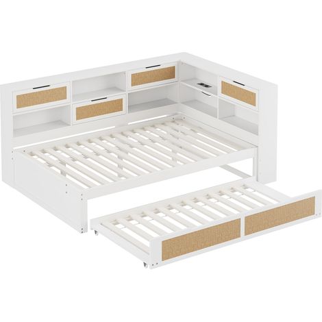 Letto multifunzionale bianco 140 x 200 cm con letto estraibile, vani portaoggetti e USB HOMVRA (1/5)