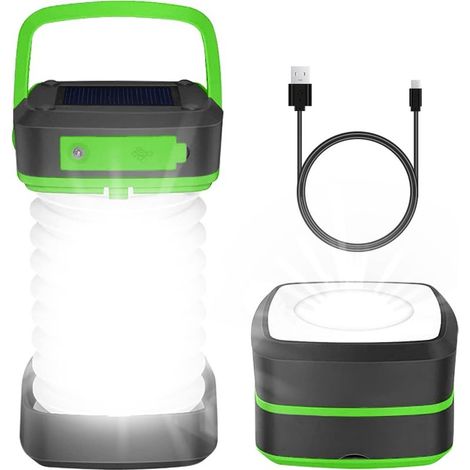 Lampe Solaire Camping, Lampe camping rechargeable, lampe camping Pliable, 3 Modes d'éclairage, Eclairage Etanche IP65, Charge Port USB, pour Camping, Bivouac, Pêche, Randonnée, Urgence, Vert (1/5)