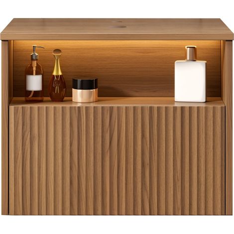 Meuble de salle de bain mural MINA 60 cm, contreplaqué rayé avec tiroir, sans lavabo, robinetterie ni, finition chêne brun (1/5)