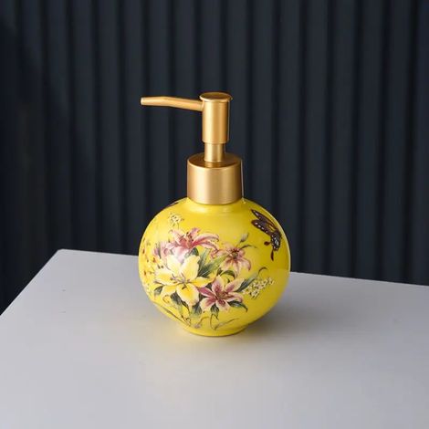 (Jaune - 250-300 ml) 1 flacon distributeur de savon liquide rechargeable style américain, avec pompe en céramique et pot de rangement pour savon pour les mains. (1/5)