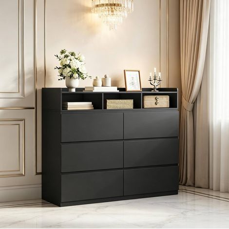 Kommode 120x40x100 cm aus schwarzem Holz mit 6 Schubladen und 3 Nischen – MEUBLIV (1/5)