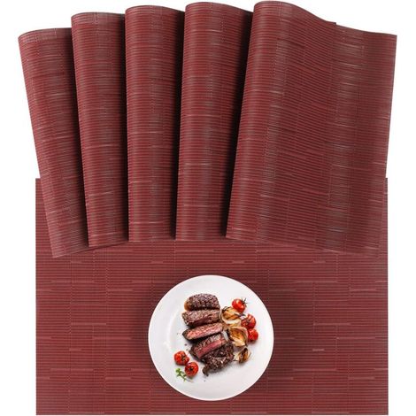 Set di 3 tovagliette lavabili - Realizzate in PVC resistente al calore - con runner da tavola e sottobicchieri abbinati - Per uso in cucina e ristorante - Rosso (1/4)