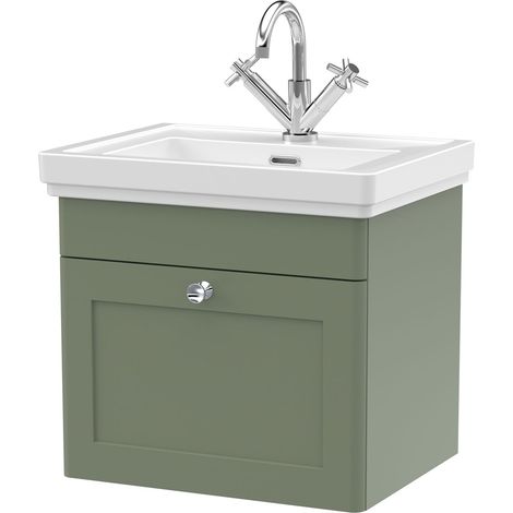 Balterley Swynnerton Traditional Bathroom Wall Hung 1-Drawer Vanity Unit & Fireclay Basin, Satin Green, 500mm (1/5)