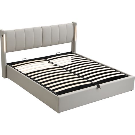 Letto imbottito 140 x 200 cm, con illuminazione a LED, contenitore, porta USB ricaricabile, grigio (1/5)